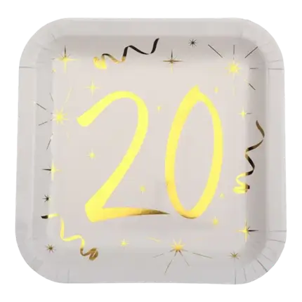 Square plate White/Gold 20 years (Set of 10)