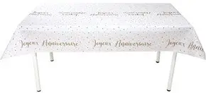 Happy Birthday fabric tablecloth White/Gold 3 meters