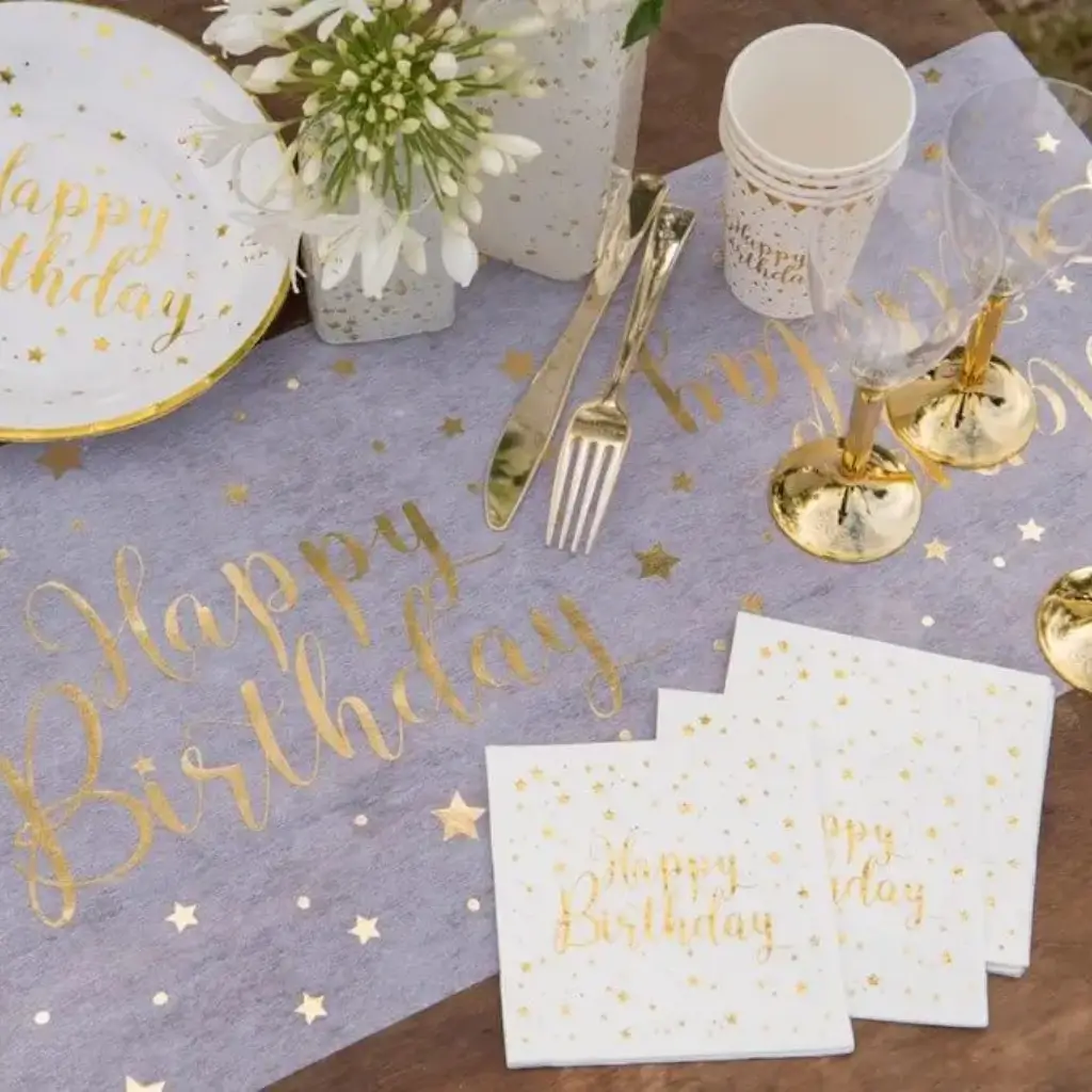 Happy Birthday table runner White/Gold 5 metres