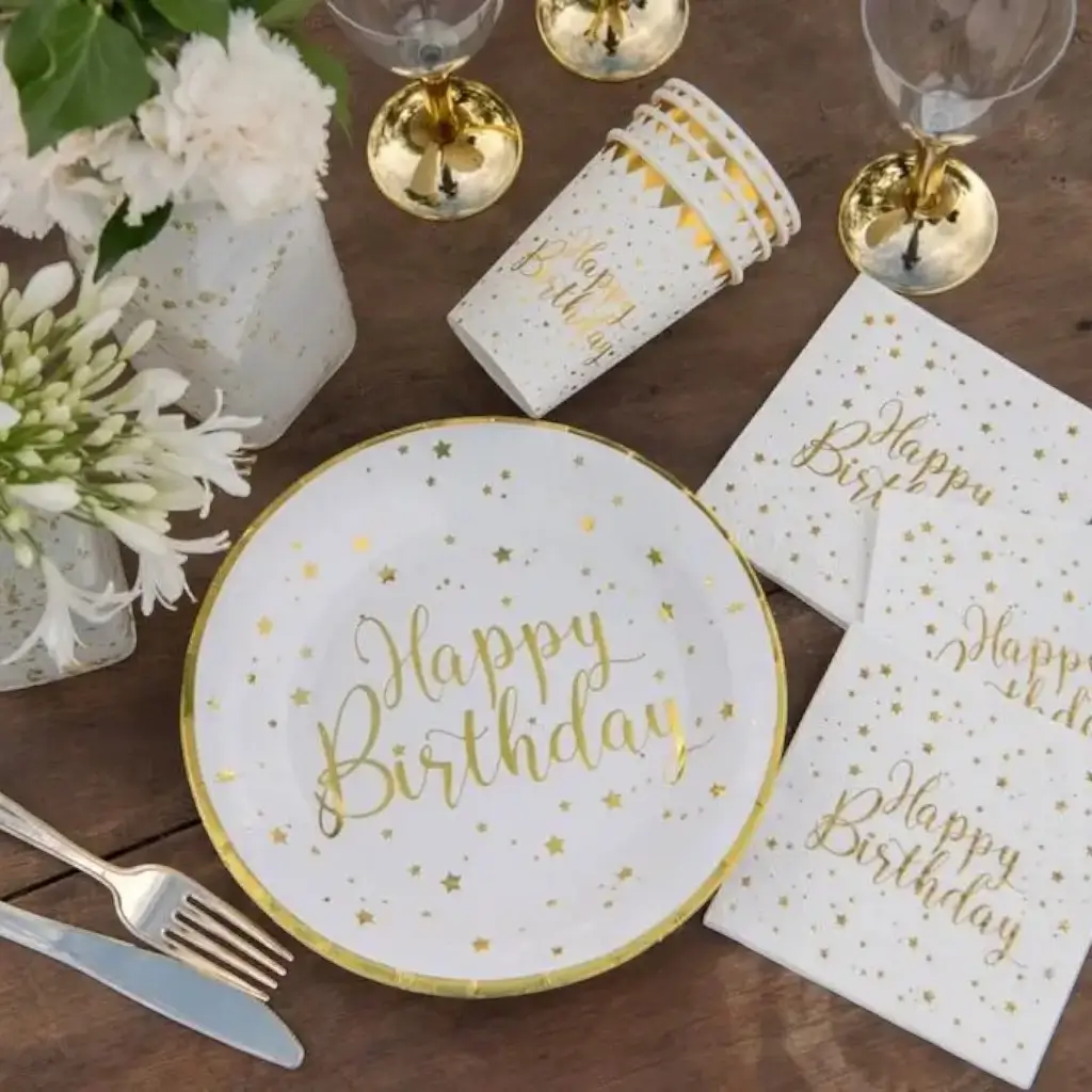 Happy Birthday Plate Gold/White (set of 10)