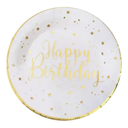 Happy Birthday Plate Gold/White (set of 10)