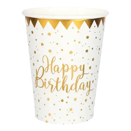 Happy Birthday Cup Gold/White (set of 10)