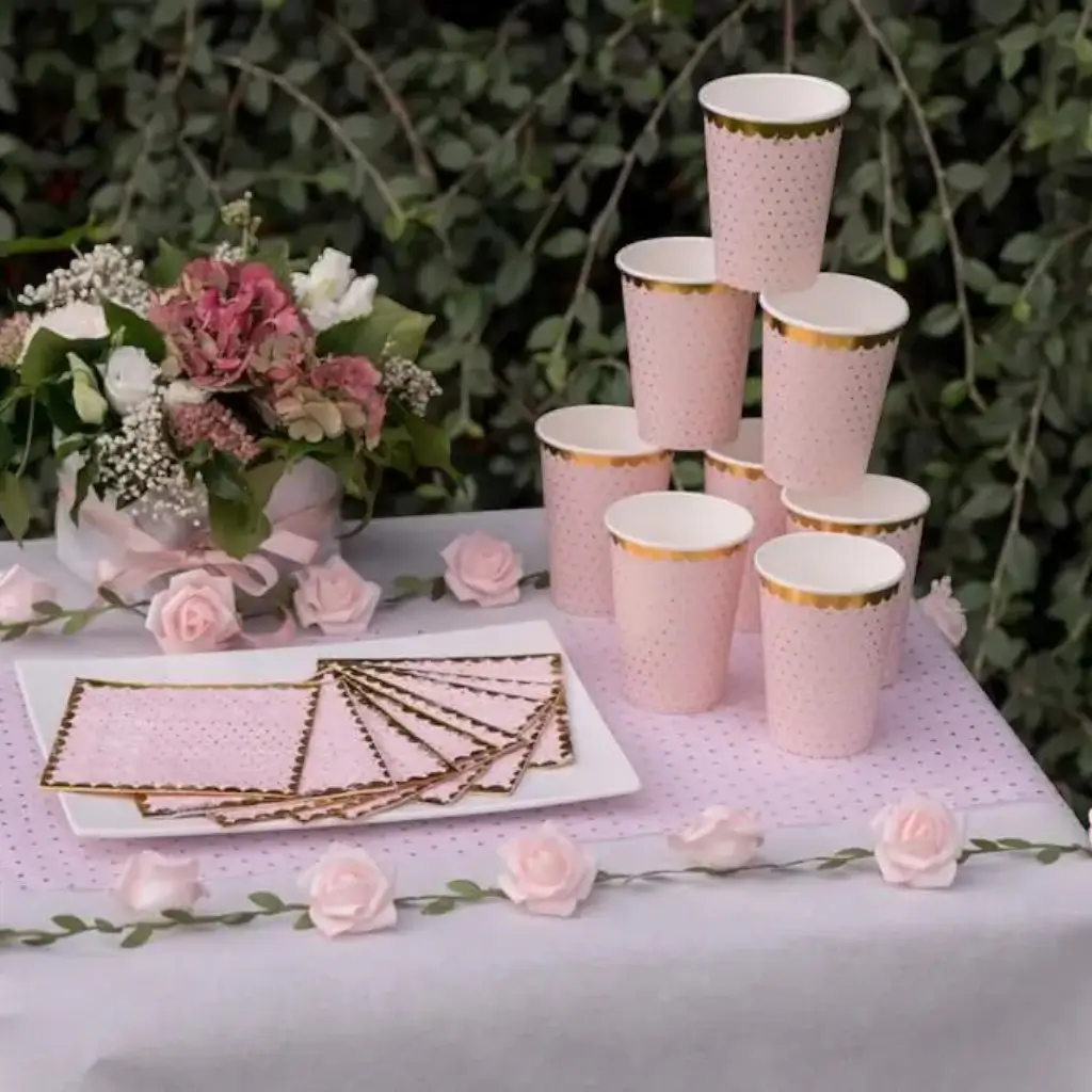 Pink cup with gold dots and gilding (set of 10)