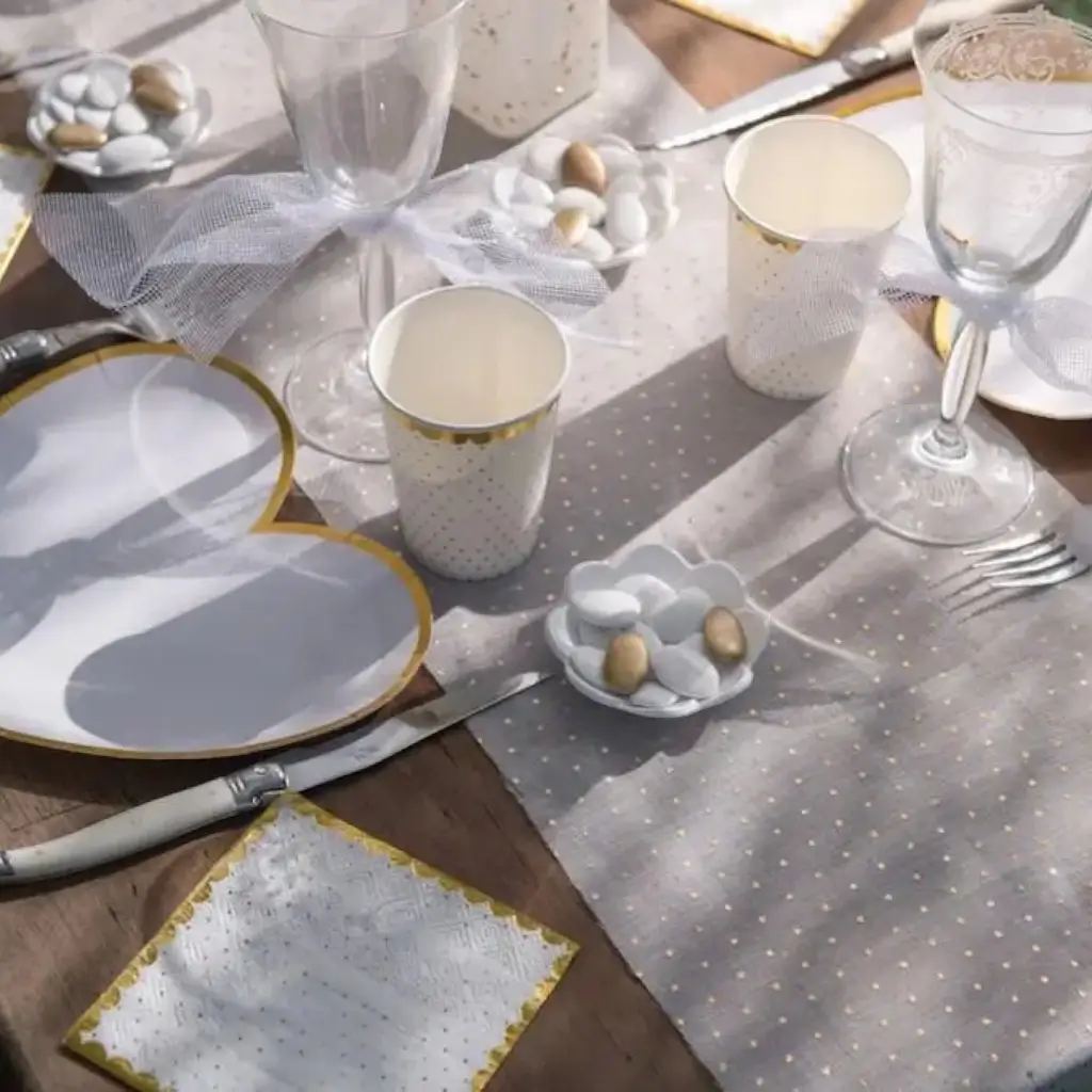 White Table Runner with Gold Dots 3 meters
