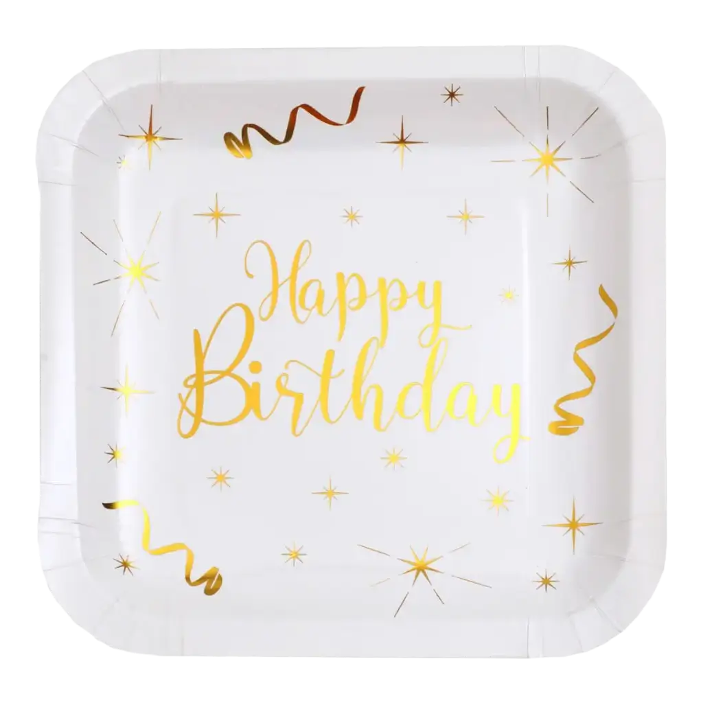 Happy Birthday Square Plate Gold/White (Set of 10)