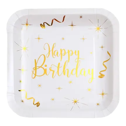 Happy Birthday Square Plate Gold/White (Set of 10)