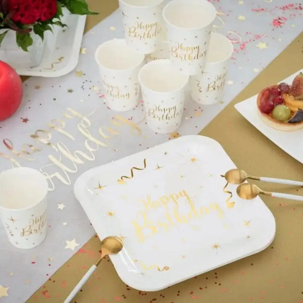 White Happy Birthday Cup Gold (set of 10)