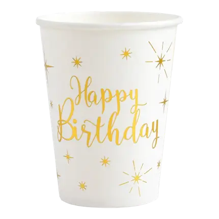 White Happy Birthday Cup Gold (set of 10)