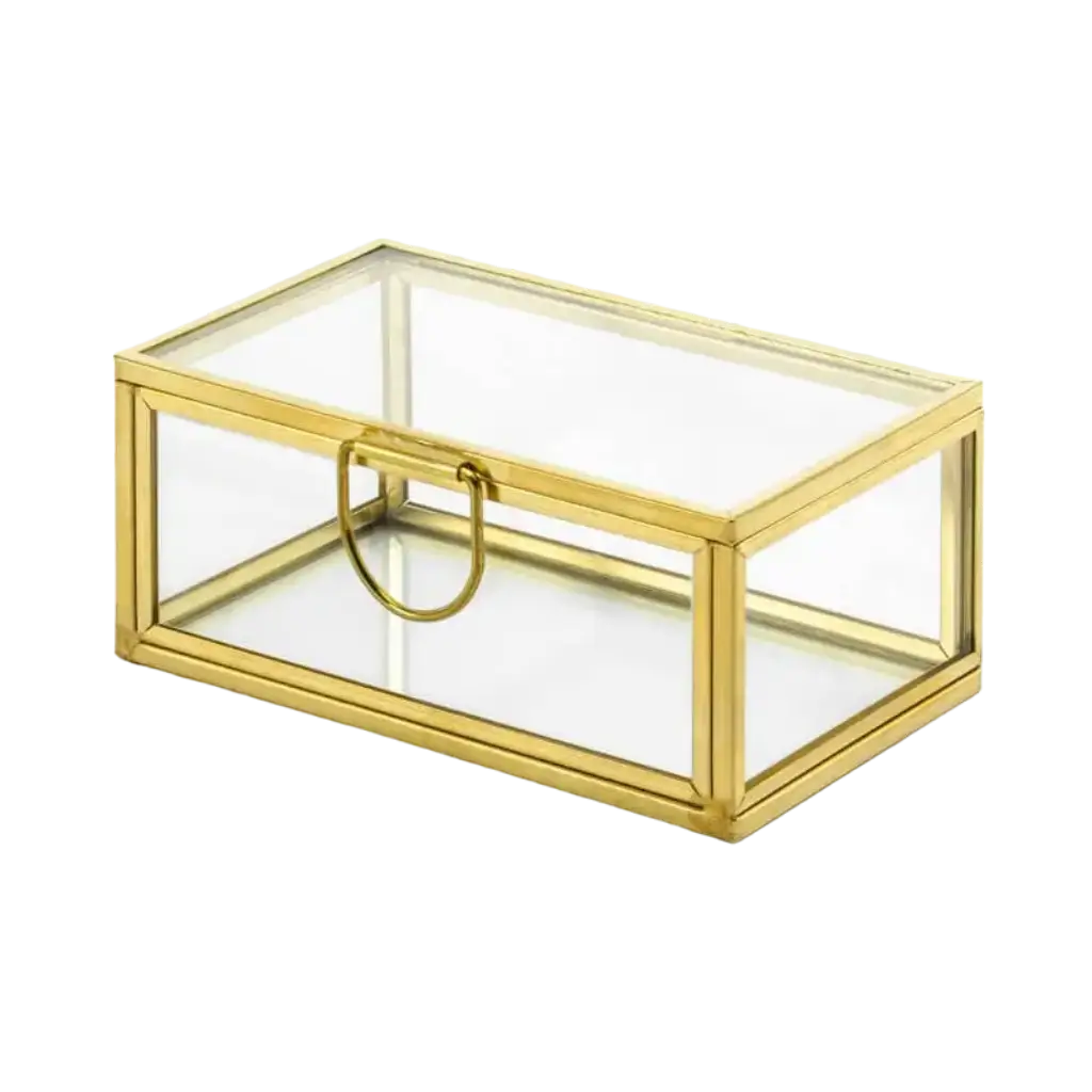 Glass box with handle and gold metal rim