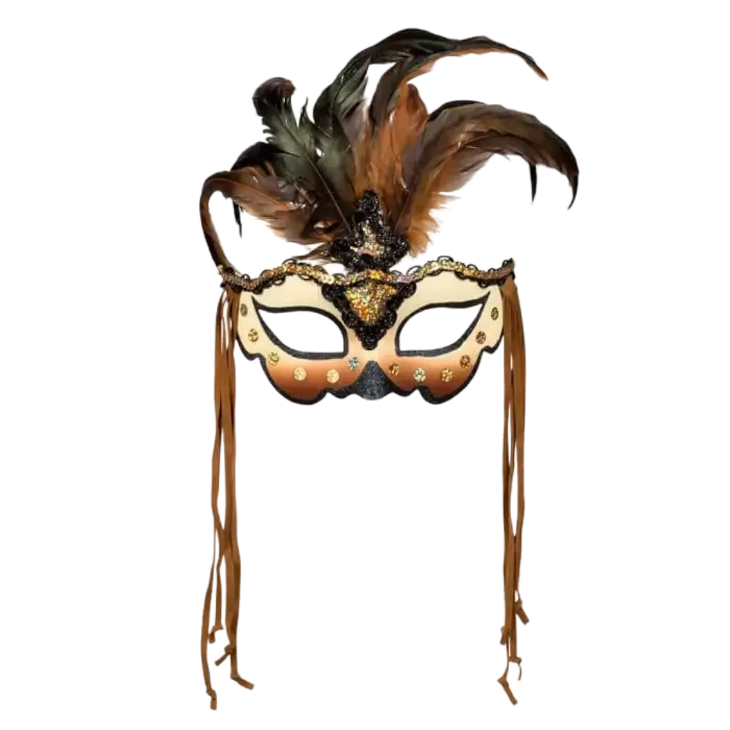Venetian Mask with Beige and Brown Feathers and Strings