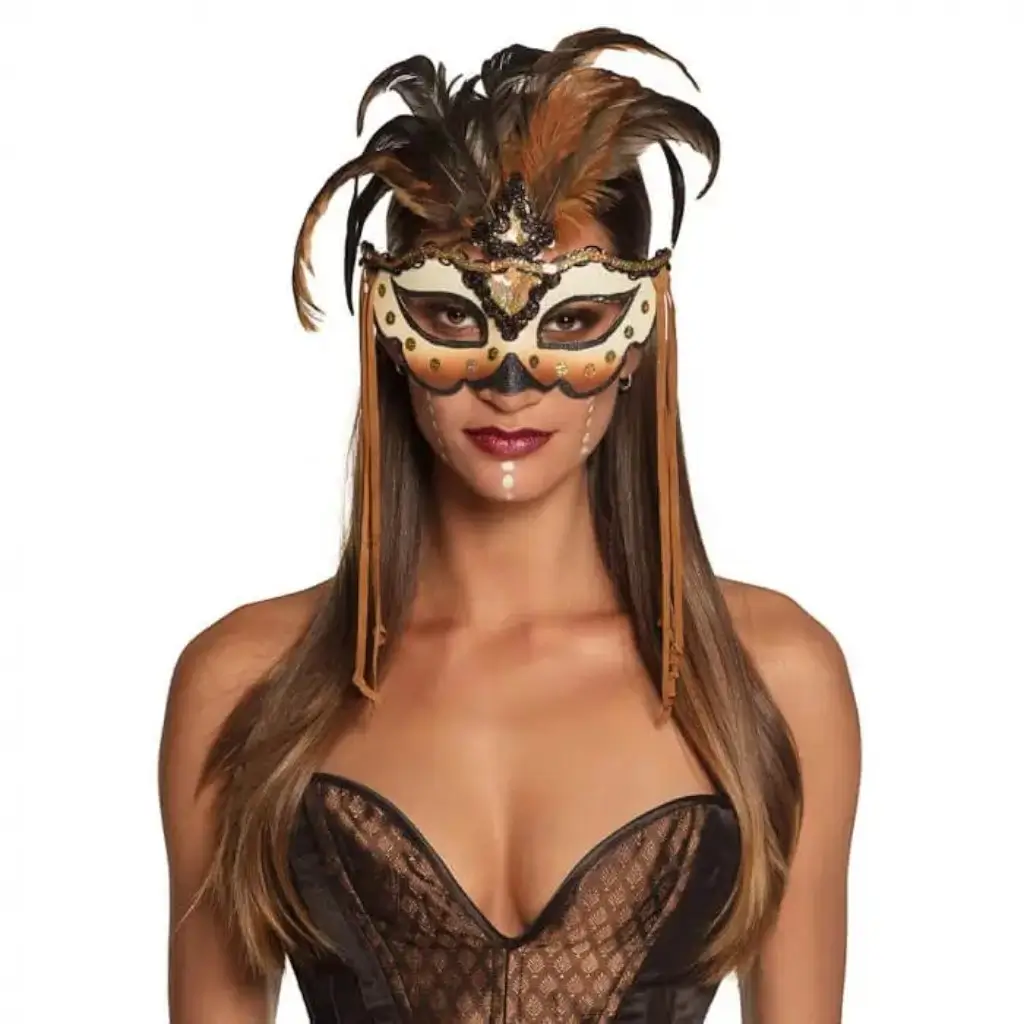 Venetian Mask with Beige and Brown Feathers and Strings
