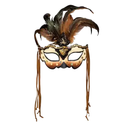 Venetian Mask with Beige and Brown Feathers and Strings