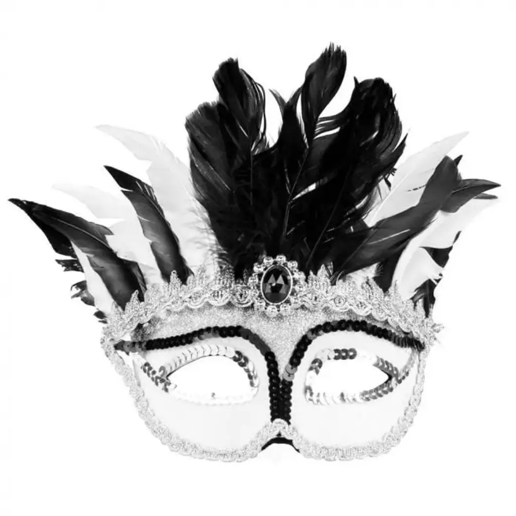 Black and white feathered Venetian wolf with diamond