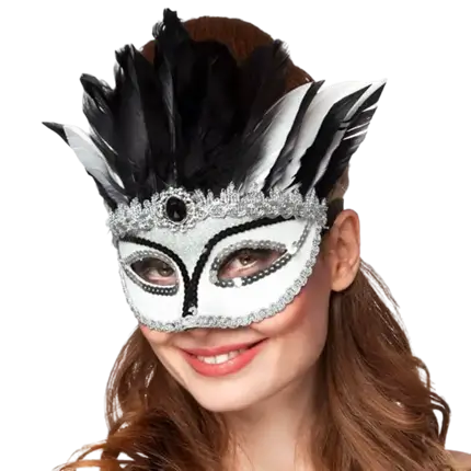 Black and white feathered Venetian wolf with diamond