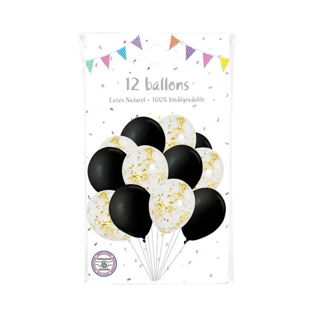 Pack of 6 Gold Metal Confetti Balloons & 6 Black Balloons - 30cm