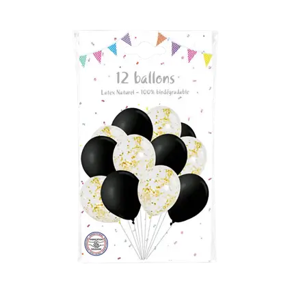 Pack of 6 Gold Metal Confetti Balloons & 6 Black Balloons - 30cm