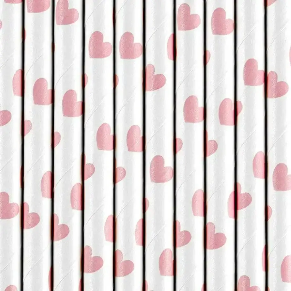 White paper straws with pink heart design - LOT OF 10