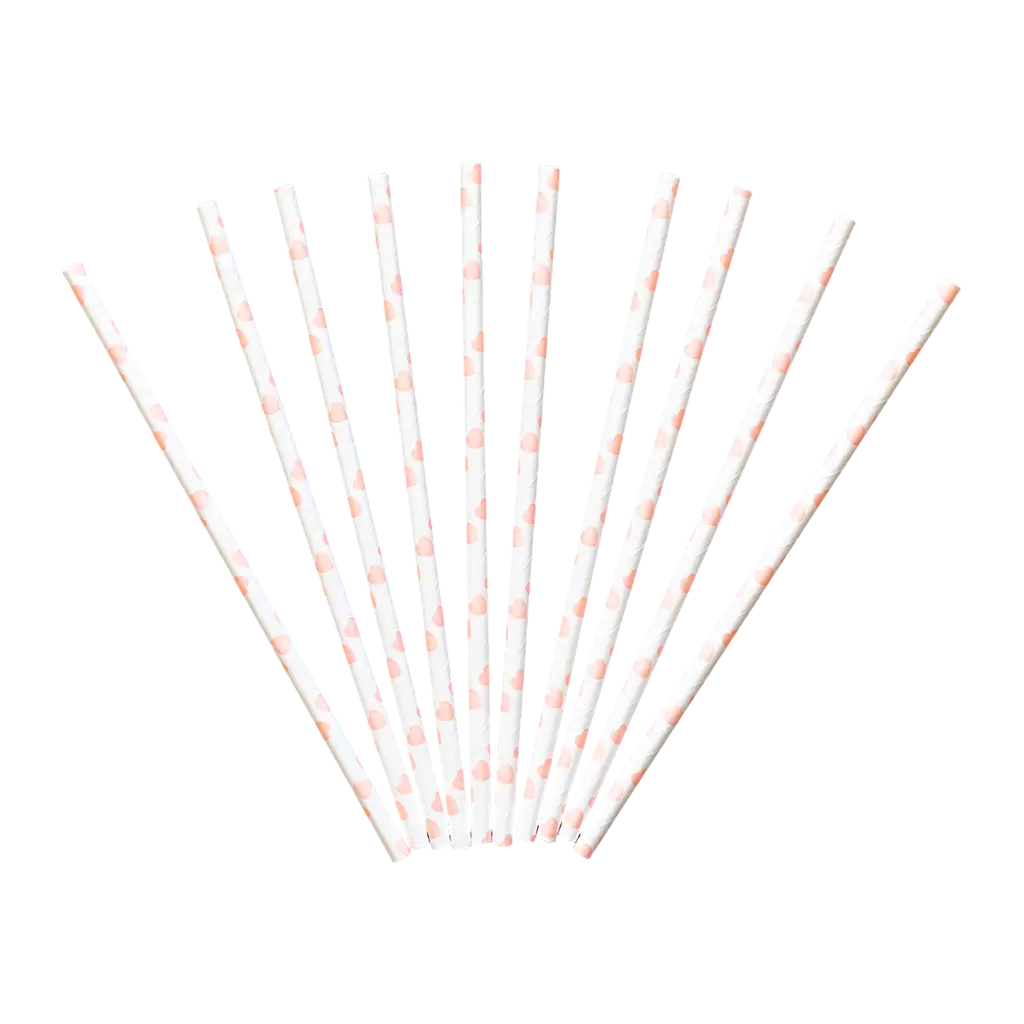 White paper straws with pink heart design - LOT OF 10