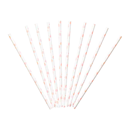 White paper straws with pink heart design - LOT OF 10