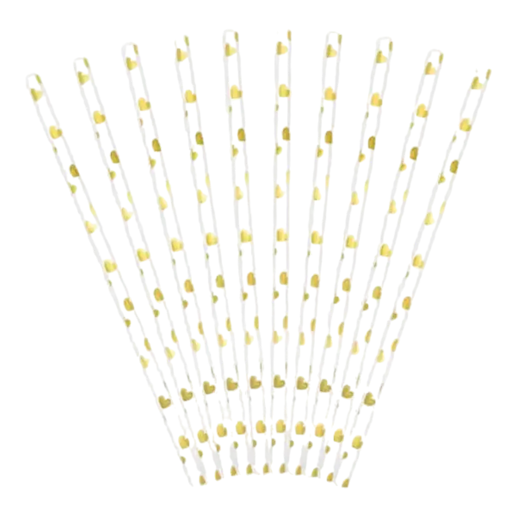 White paper straws with gold heart design - LOT OF 10