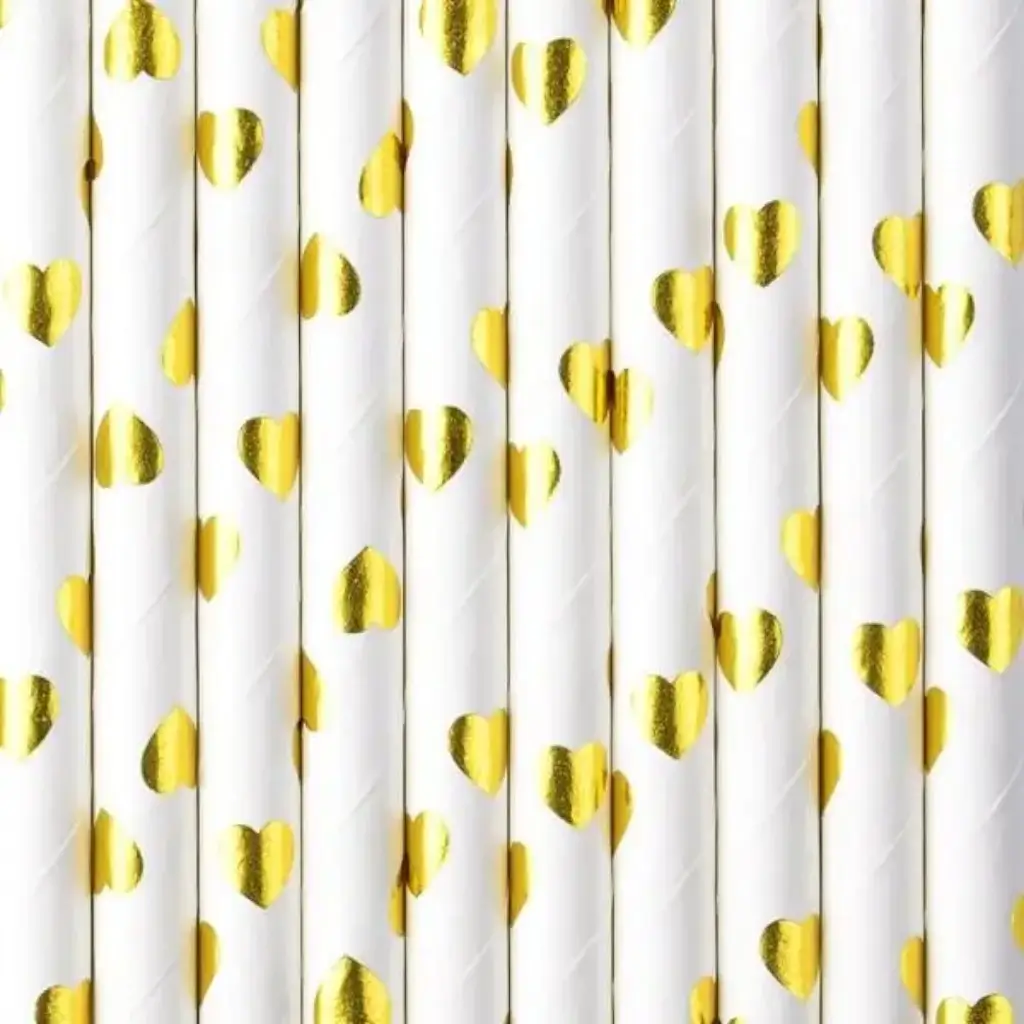 White paper straws with gold heart design - LOT OF 10