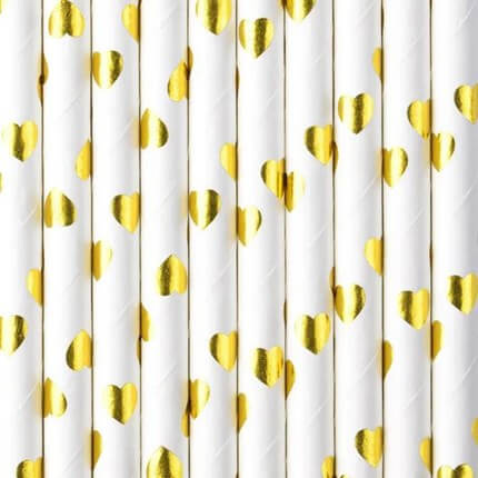 White paper straws with gold heart design - LOT OF 10