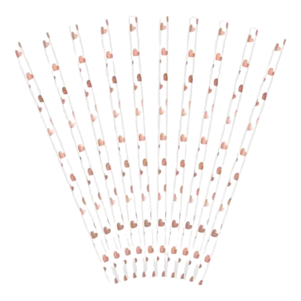 Paper straws white + heart design pink gold - LOT OF 10