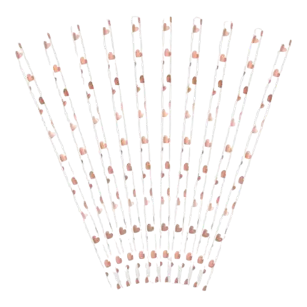 Paper straws white + heart design pink gold - LOT OF 10