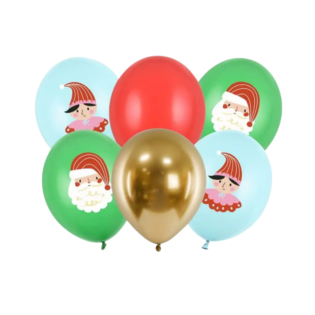 Set of 6 printed Christmas balloons - Red/Green/Blue/Gold - 30cm