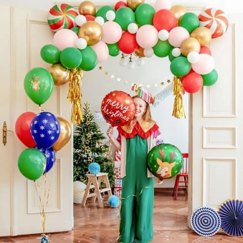 Set of 6 printed Christmas balloons - Blue/Green/Red/Gold - 30cm