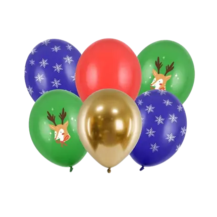 Set of 6 printed Christmas balloons - Blue/Green/Red/Gold - 30cm