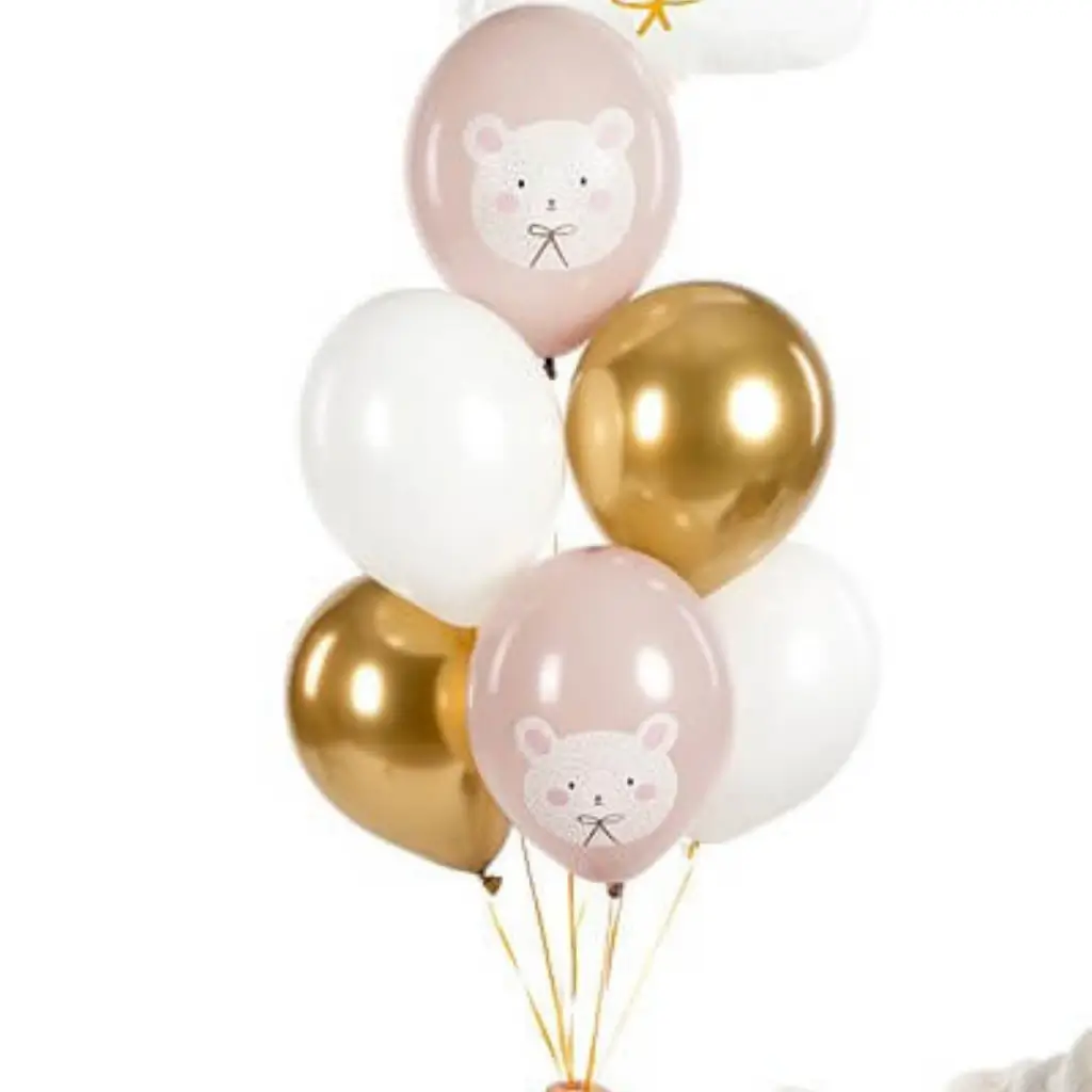 Set of 6 Bear Printed Christmas Balloons - Pink/White/Gold - 30cm