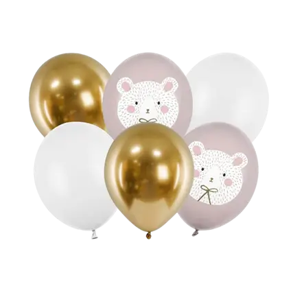 Set of 6 Bear Printed Christmas Balloons - Pink/White/Gold - 30cm