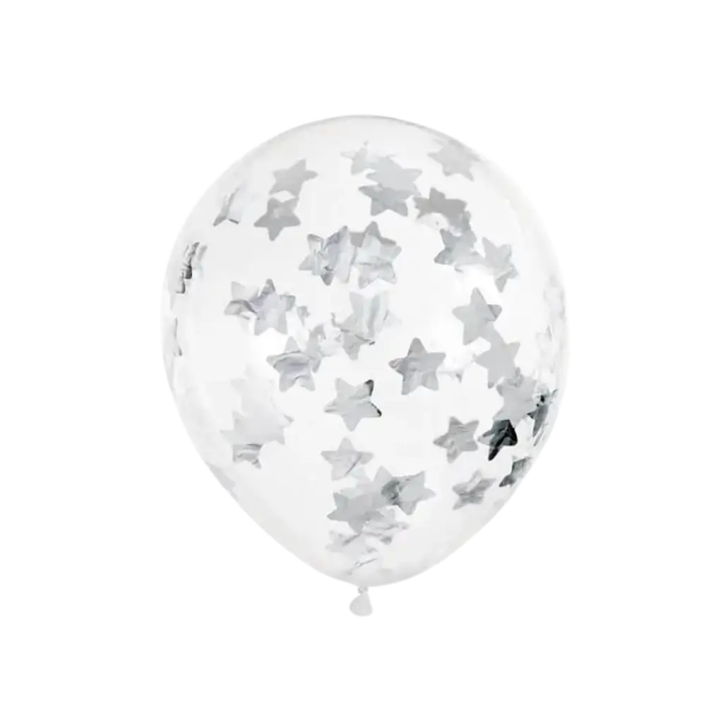 Set of 6 Transparent Confetti Balloons - Silver Star - 30cm