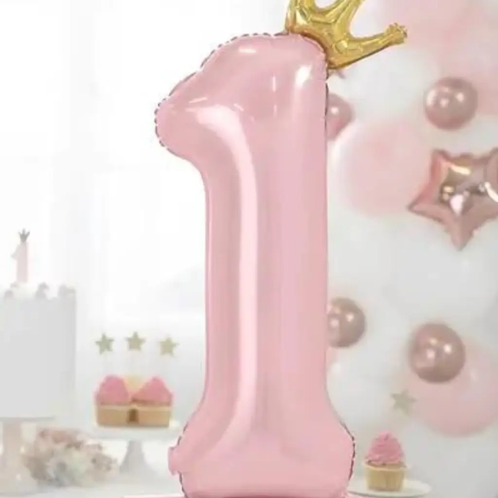 Light Pink Number 1 Balloon with Crown + Stand - 84cm