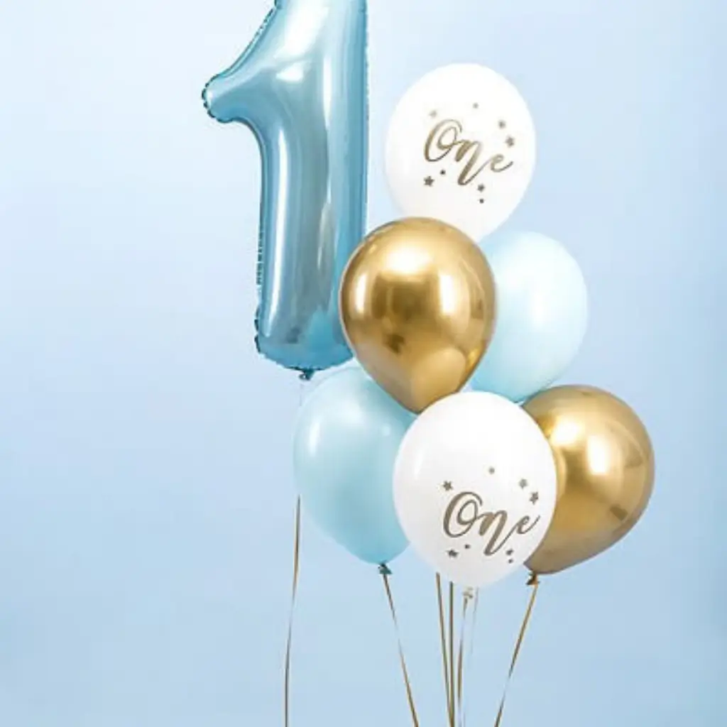 Set of 6 1st Birthday Balloons - Blue/White/Gold - 30cm