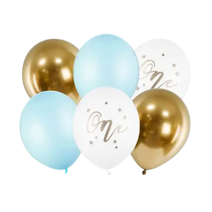 Set of 6 1st Birthday Balloons - Blue/White/Gold - 30cm