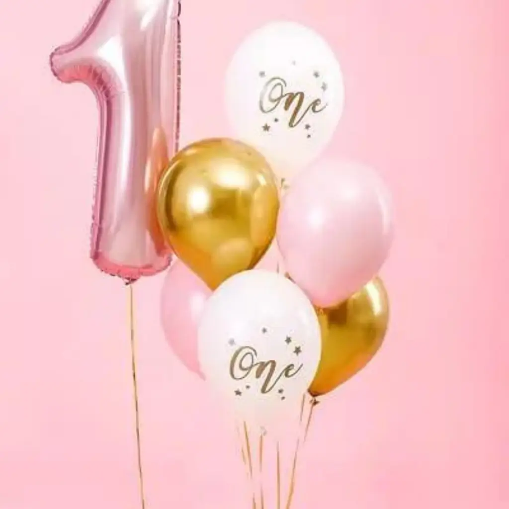 Set of 6 1st Birthday Balloons - Pink/White/Gold - 30cm
