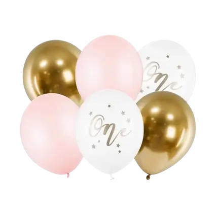 Set of 6 1st Birthday Balloons - Pink/White/Gold - 30cm