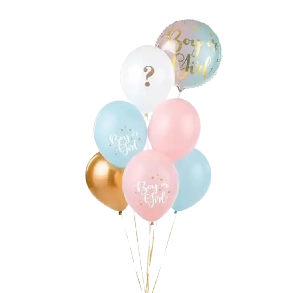 Set of 6 "Girl or Boy" Balloons Blue/Pink/Gold - 30cm