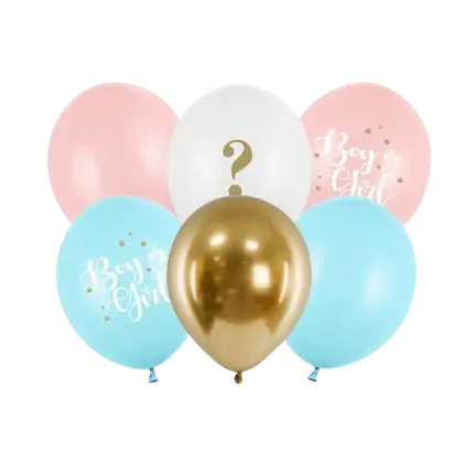 Set of 6 Girl or Boy Balloons Blue/Pink/Gold - 30cm