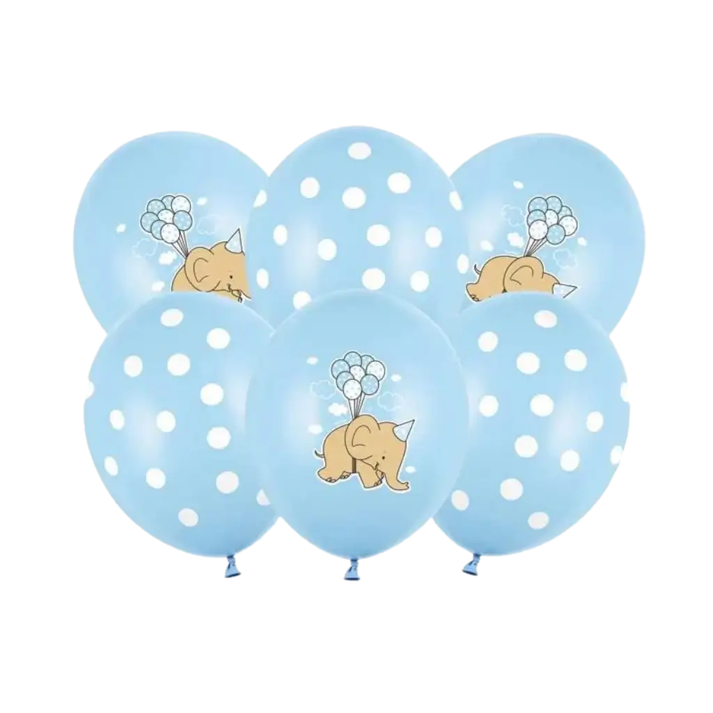 Set of 6 Blue Balloons - White Dots/Elephant - 30cm