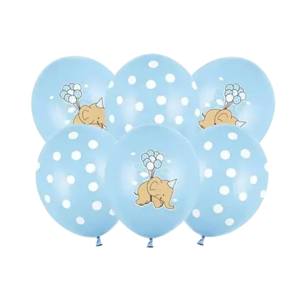 Set of 6 Blue Balloons - White Dots/Elephant - 30cm