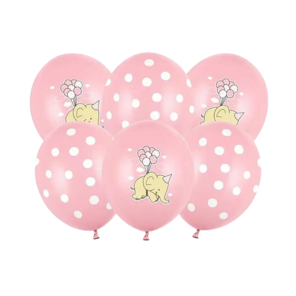 Set of 6 Pastel Pink Balloons - White Dots/Elephant - 30cm