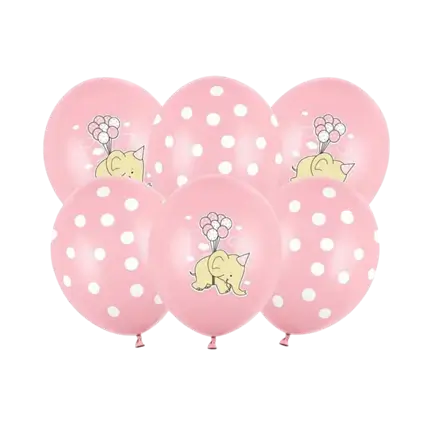 Set of 6 Pastel Pink Balloons - White Dots/Elephant - 30cm