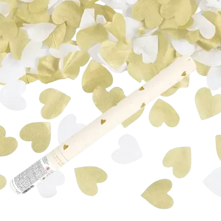 Confetti Cannon 35cm - Heart White/Gold 100% BIODEGRADABLE