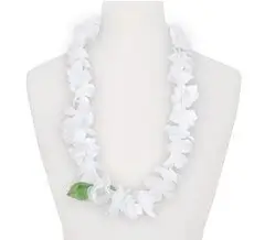 Hawaiian necklace with white flowers and green leaves