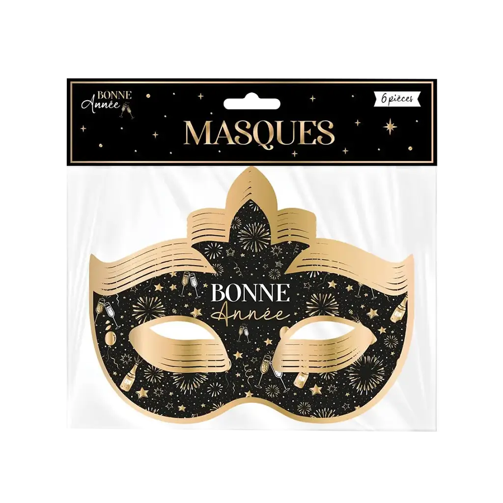 Black and Gold "Happy New Year" Venetian Mask - Set of 6