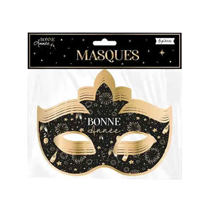 Black and Gold Happy New Year Venetian Mask - Set of 6
