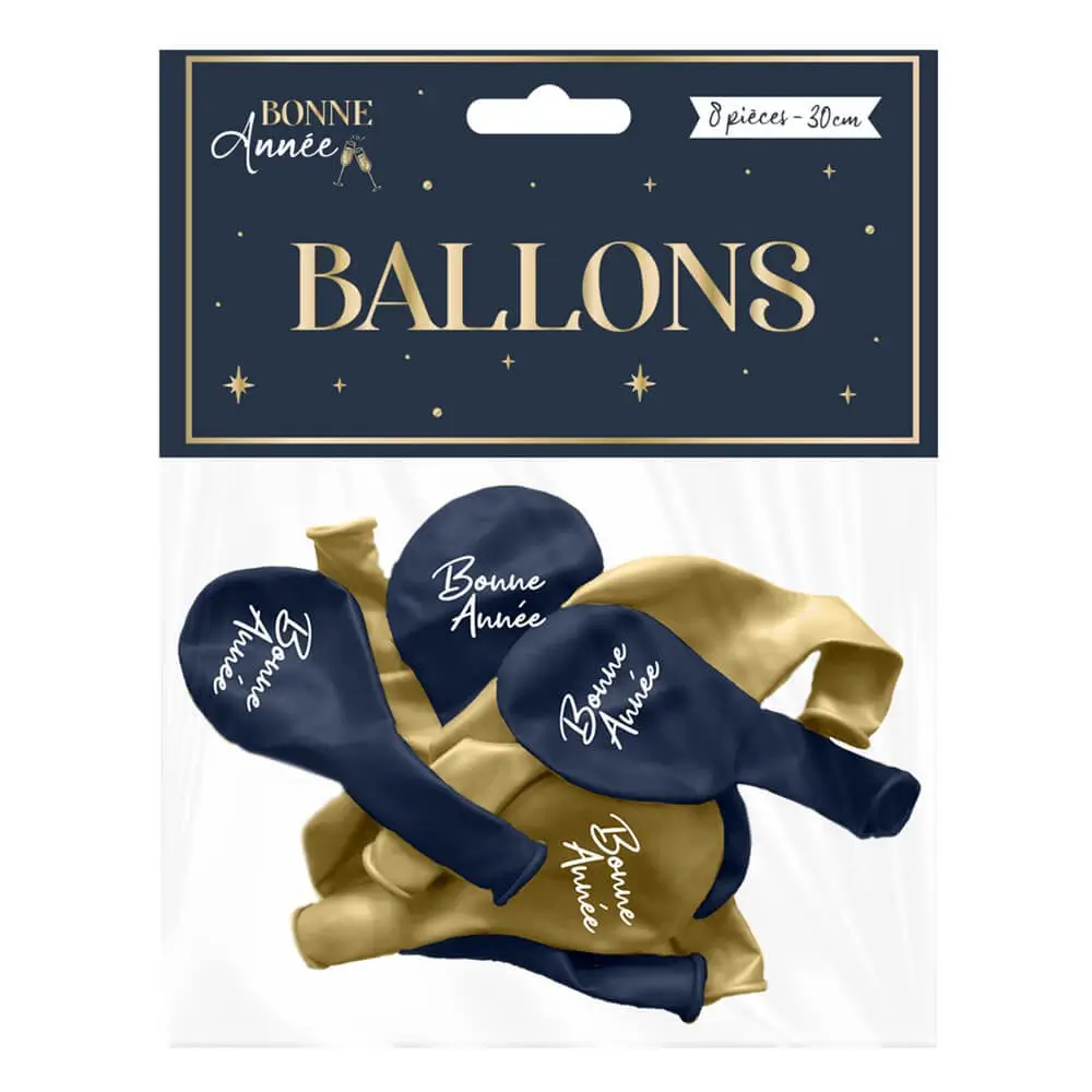 30cm Navy Blue / Gold "Happy New Year" Balloons - Set of 8